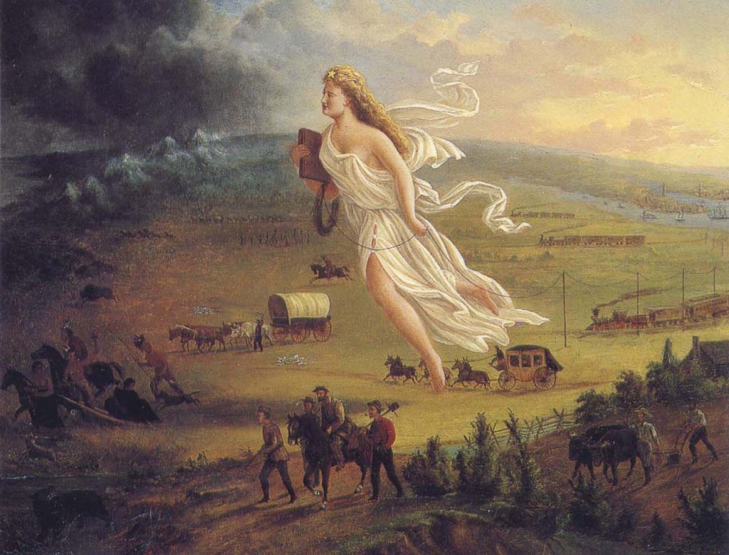 The painting titled "American Progress" by John Gast (1872) depicts an allegorical female figure of America, known as Columbia, leading pioneers westward, as they travel on foot, in a stagecoach, conestoga wagon, and by railroads, where they encounter Native Americans and herds of bison.