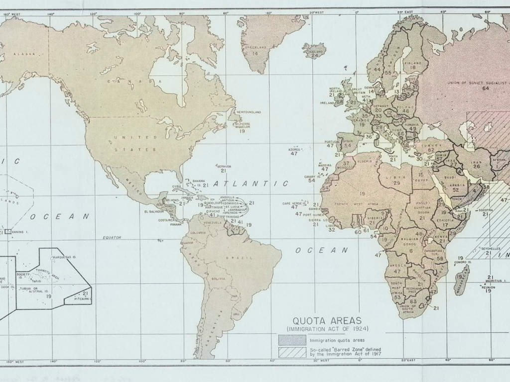 A world map depicting the immigration quotas by country as set by the Immigration Act of 1924