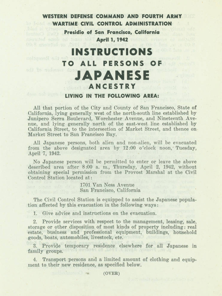 Western Defense Command Instructions to All Persons of Japanese Ancestry living in San Francisco county regarding their evacuation to the relocation center, April 1, 1942.